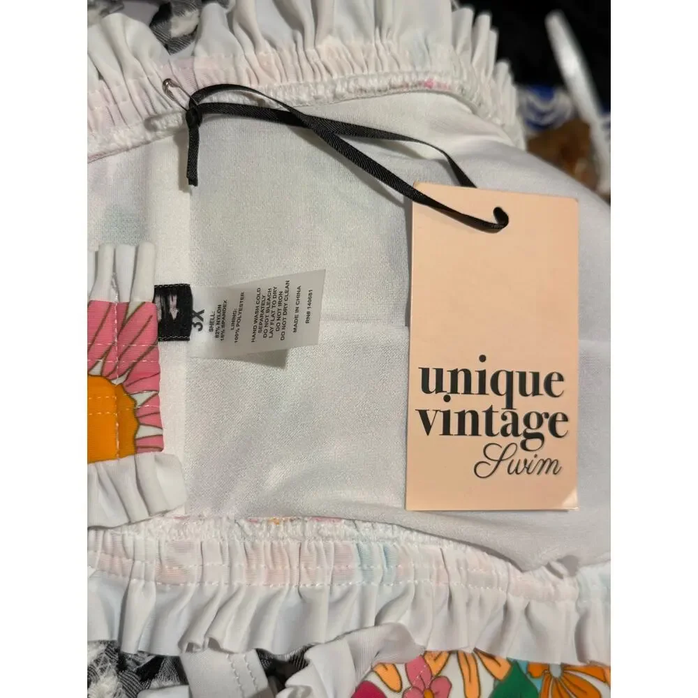Unique Vintage 1970’s Bright Floral Ruffle Bikini Top 3X 20 NWT
